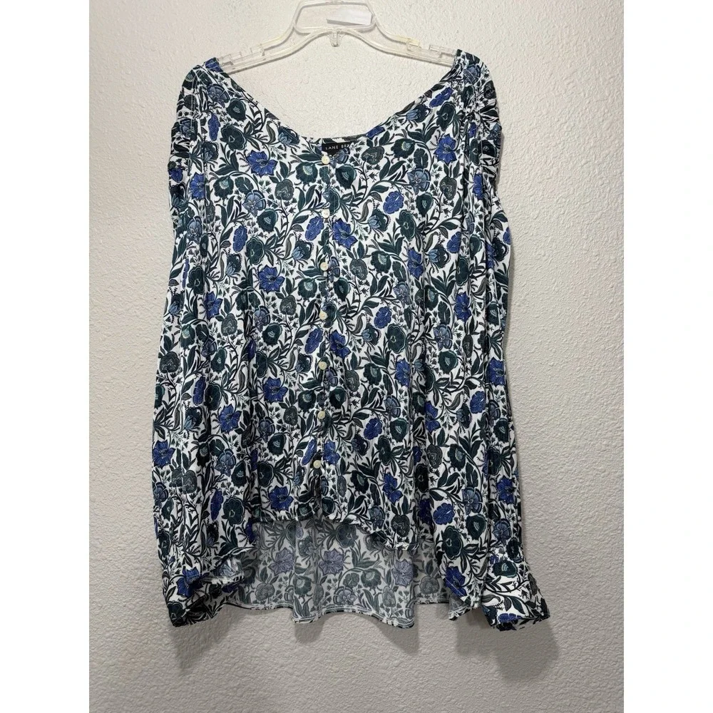 3X Lane Bryant Top Floral Curvy Plus Blouse Colorful Blue Long Sleeve